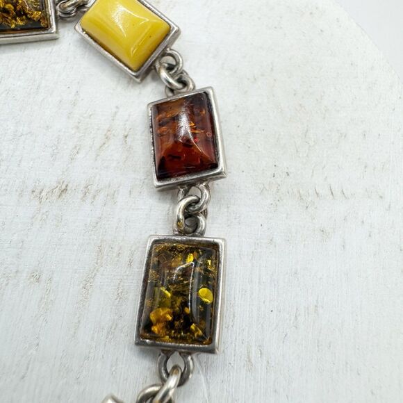 Bezel Set Amber Sterling Silver Link Bracelet Baltic Butter Cognac Honey Amber - Picture 8 of 13